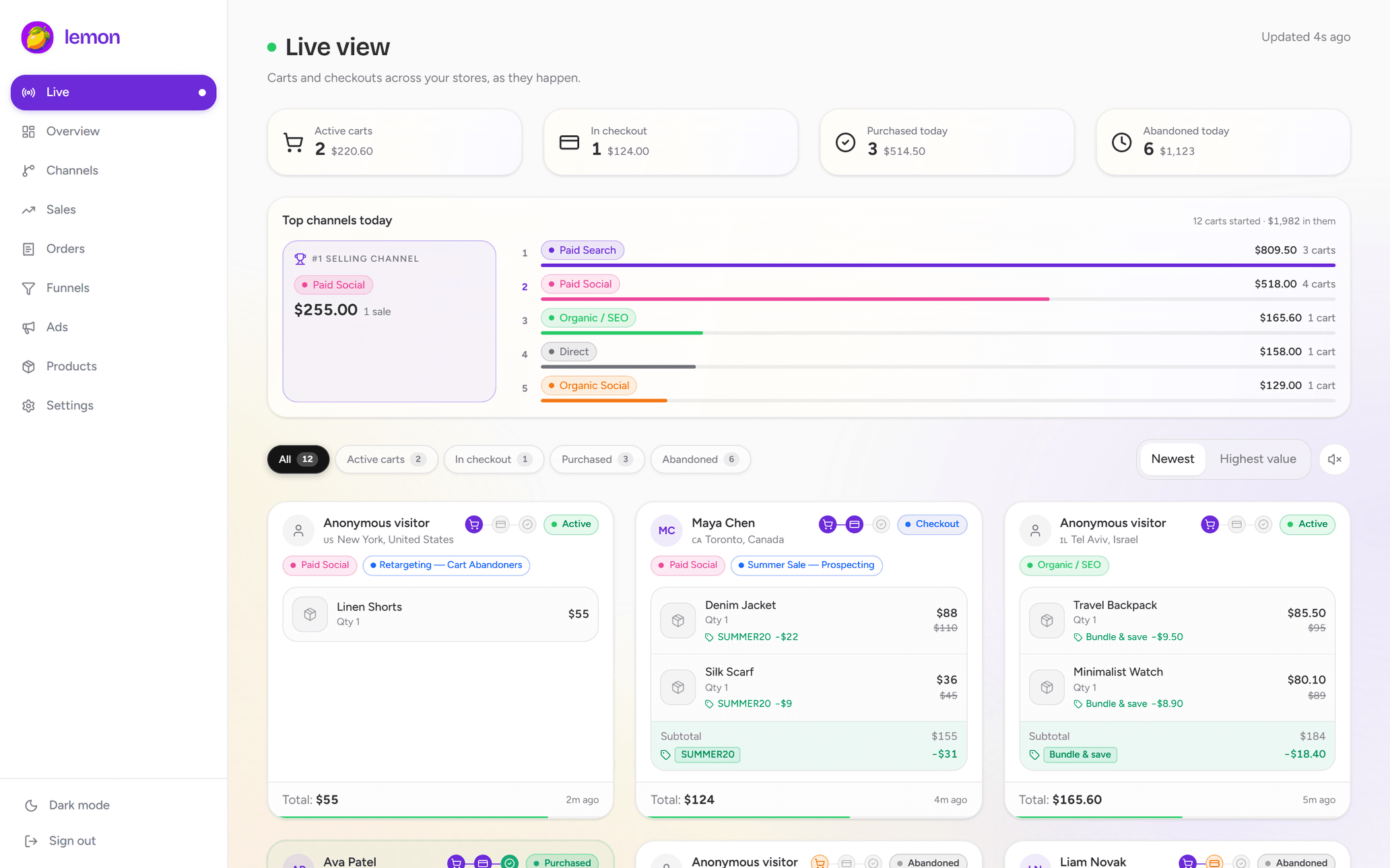 Lemon's live view: carts and checkouts in progress, each with the shopper's location, channel, campaign and cart contents.